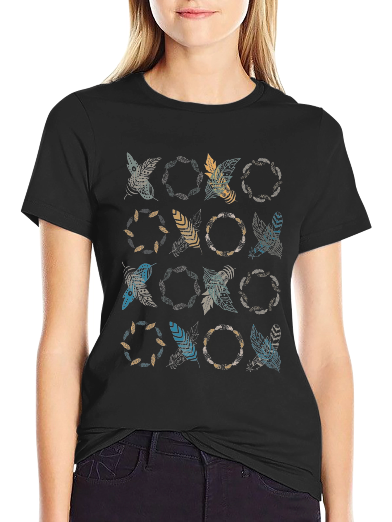 Boho Feather Print Black T-Shirt