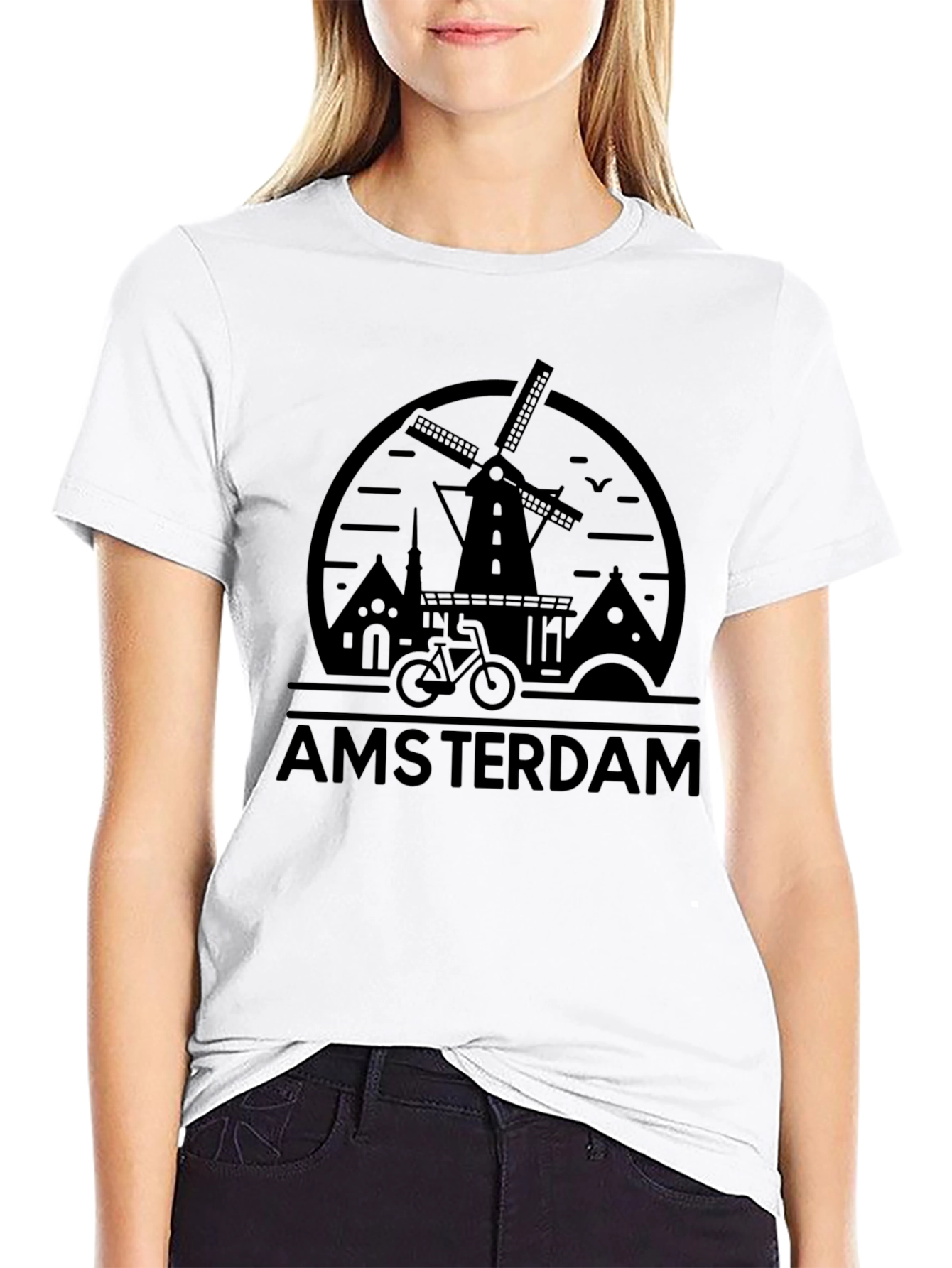 Amsterdam Graphic Tee - Windmill Bike Design Black T-Shirt