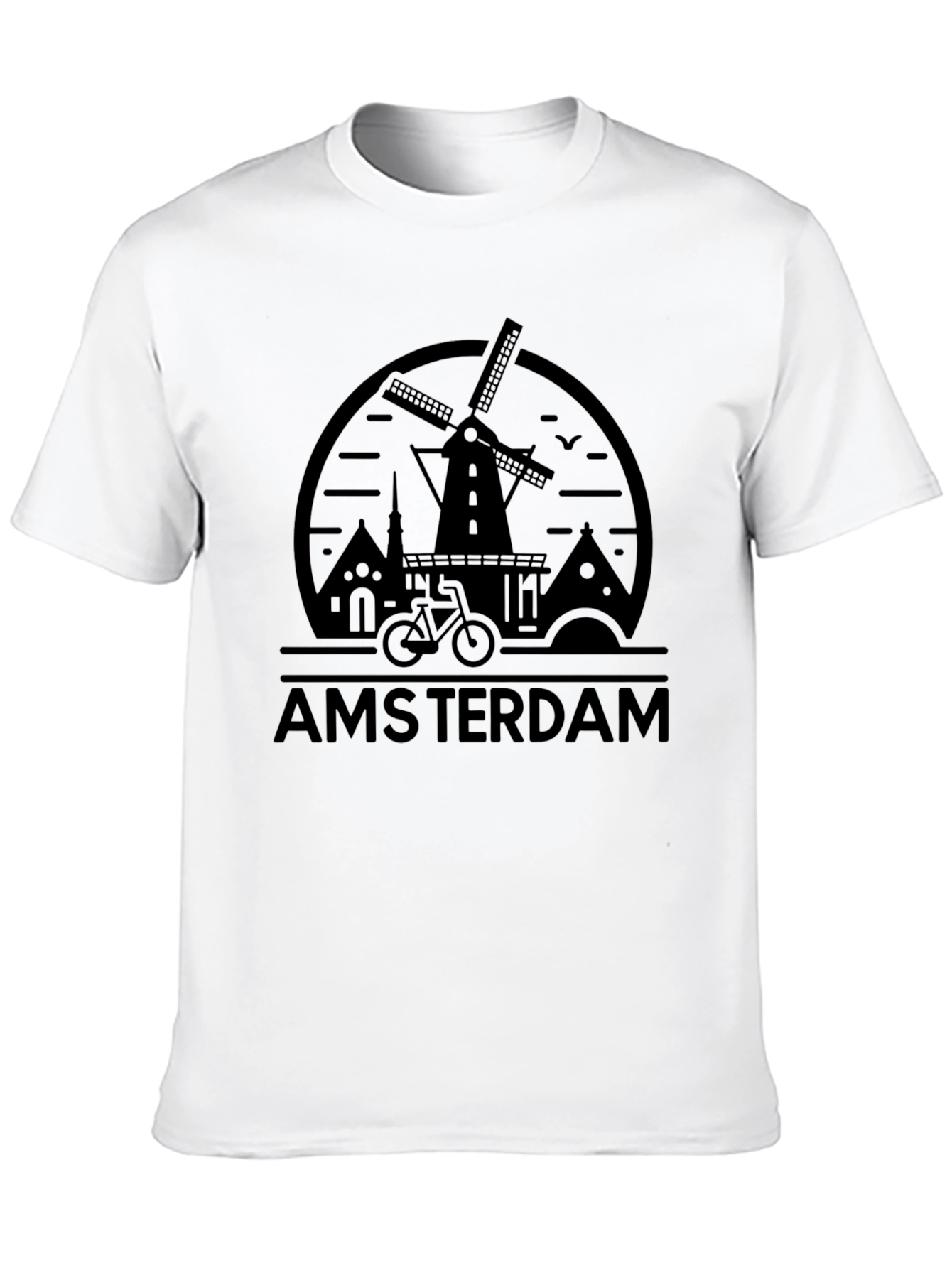 Amsterdam Graphic Tee - Windmill Bike Design Black T-Shirt