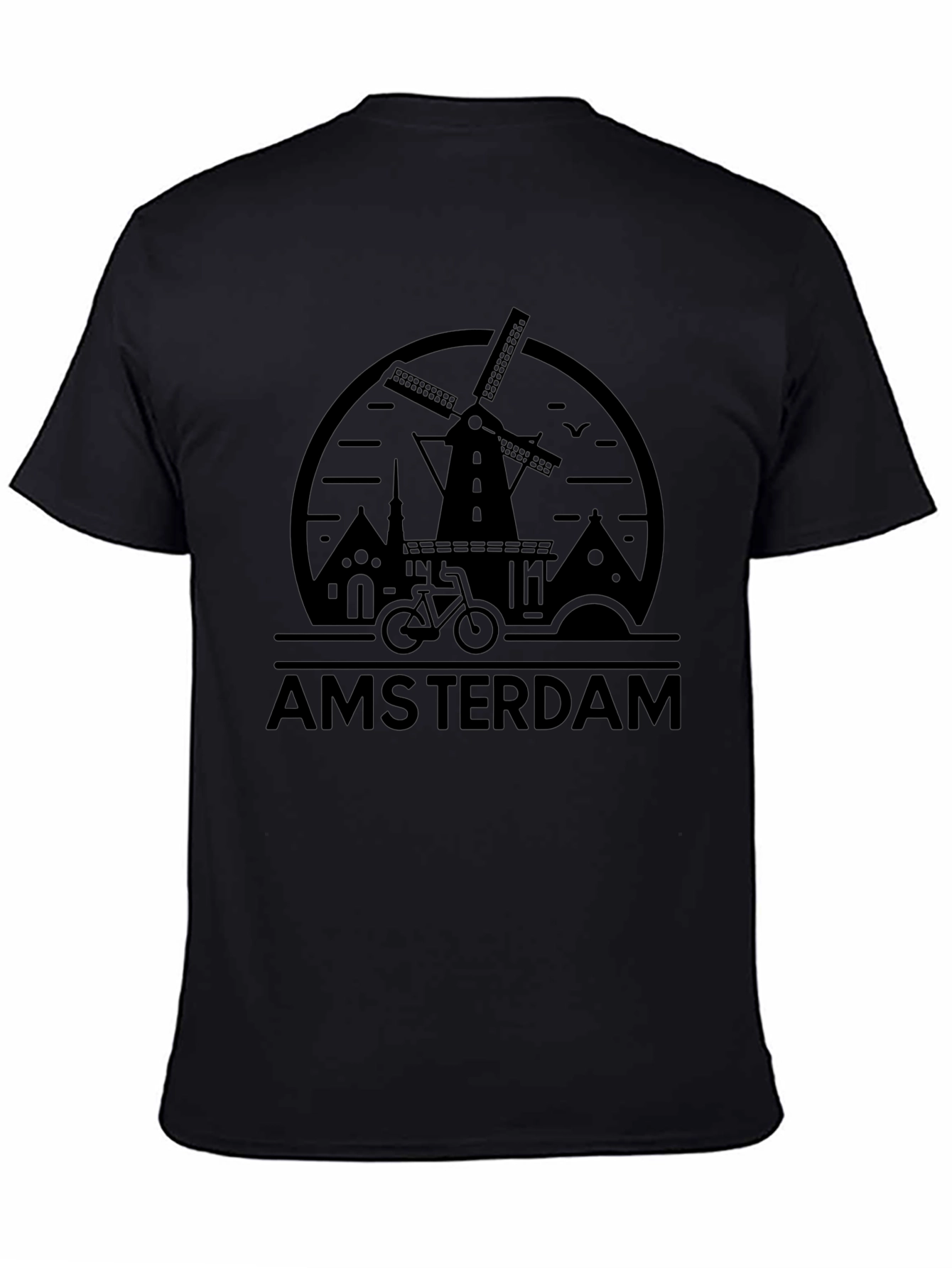 Amsterdam Graphic Tee - Windmill Bike Design Black T-Shirt