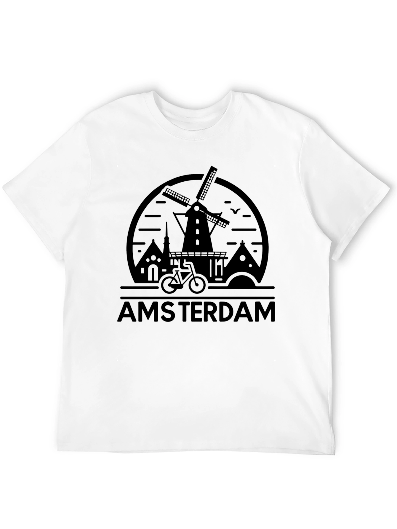 Amsterdam Graphic Tee - Windmill Bike Design Black T-Shirt