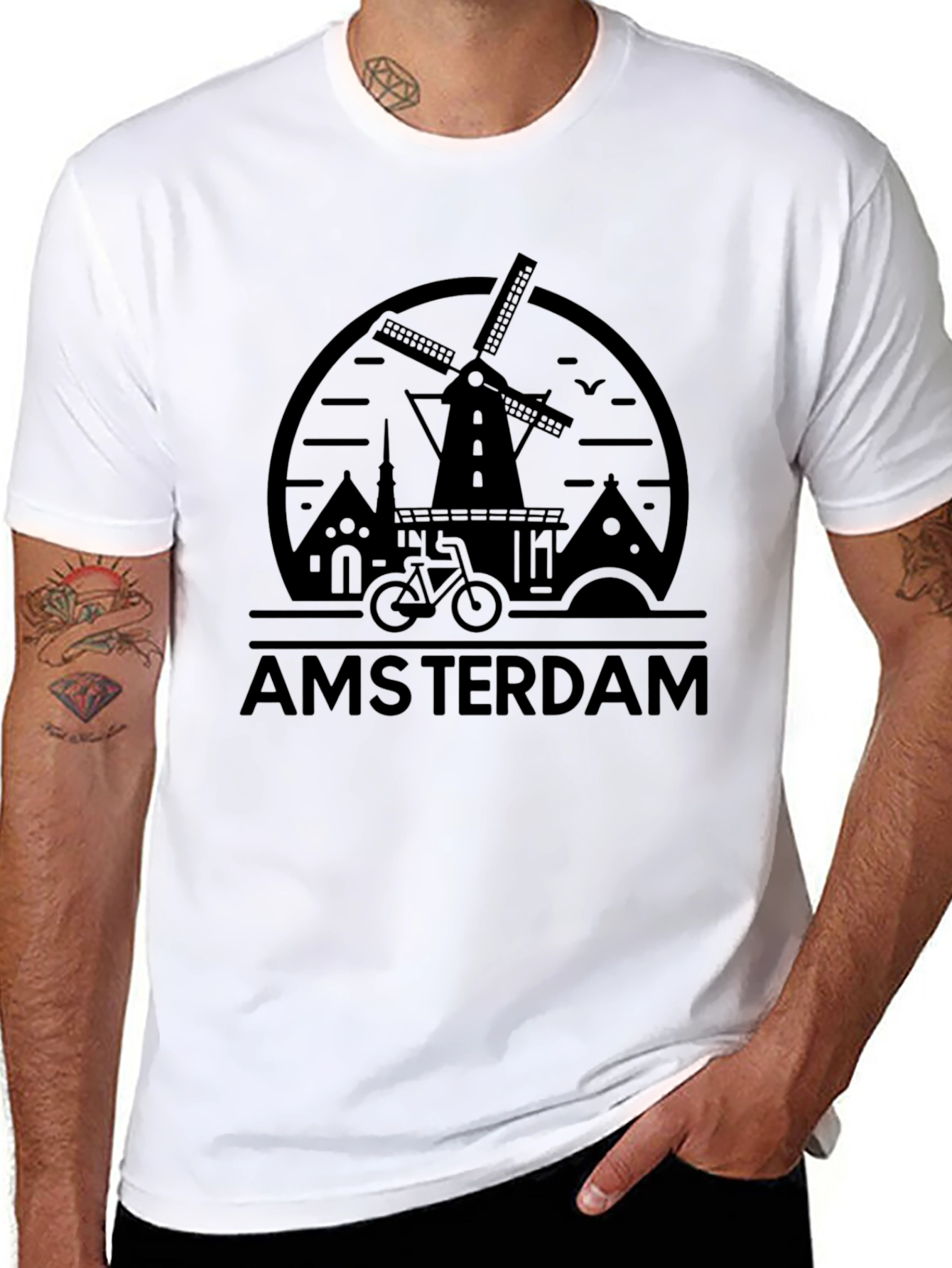 Amsterdam Graphic Tee - Windmill Bike Design Black T-Shirt