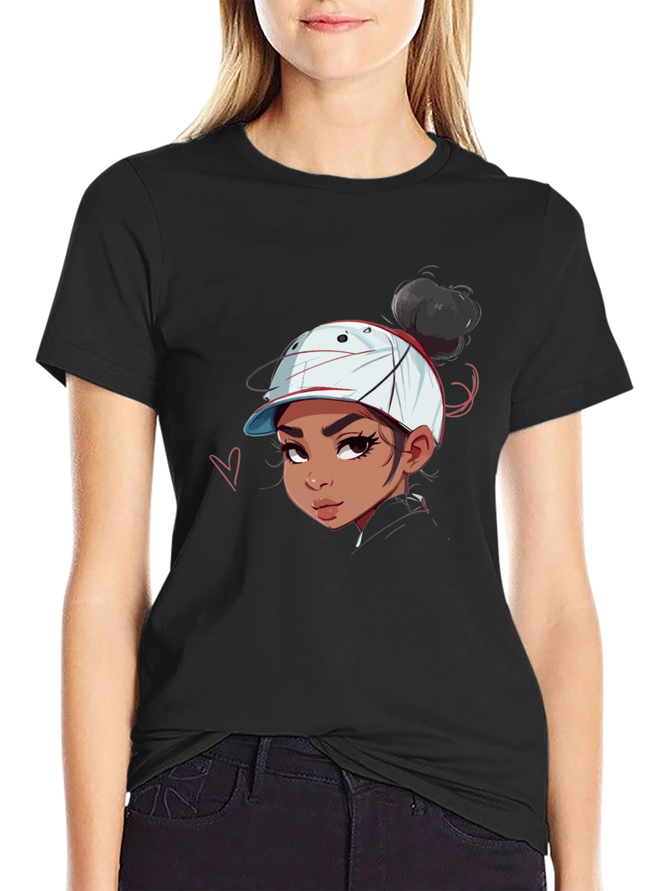 Cartoon Girl Graphic Print Black Tee