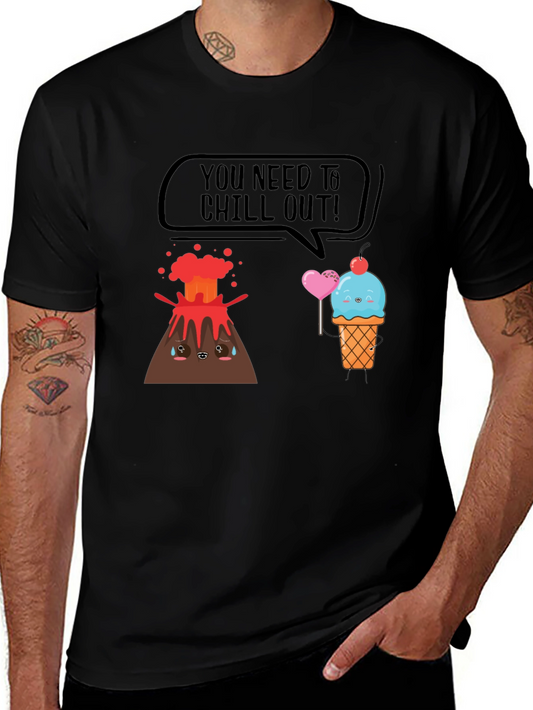 Chill Out Funny Graphic T-Shirt - Volcano and Ice Cream