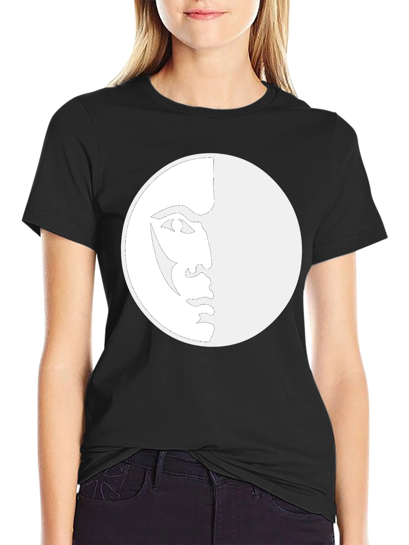 Unique Moon Face Graphic Black T-Shirt