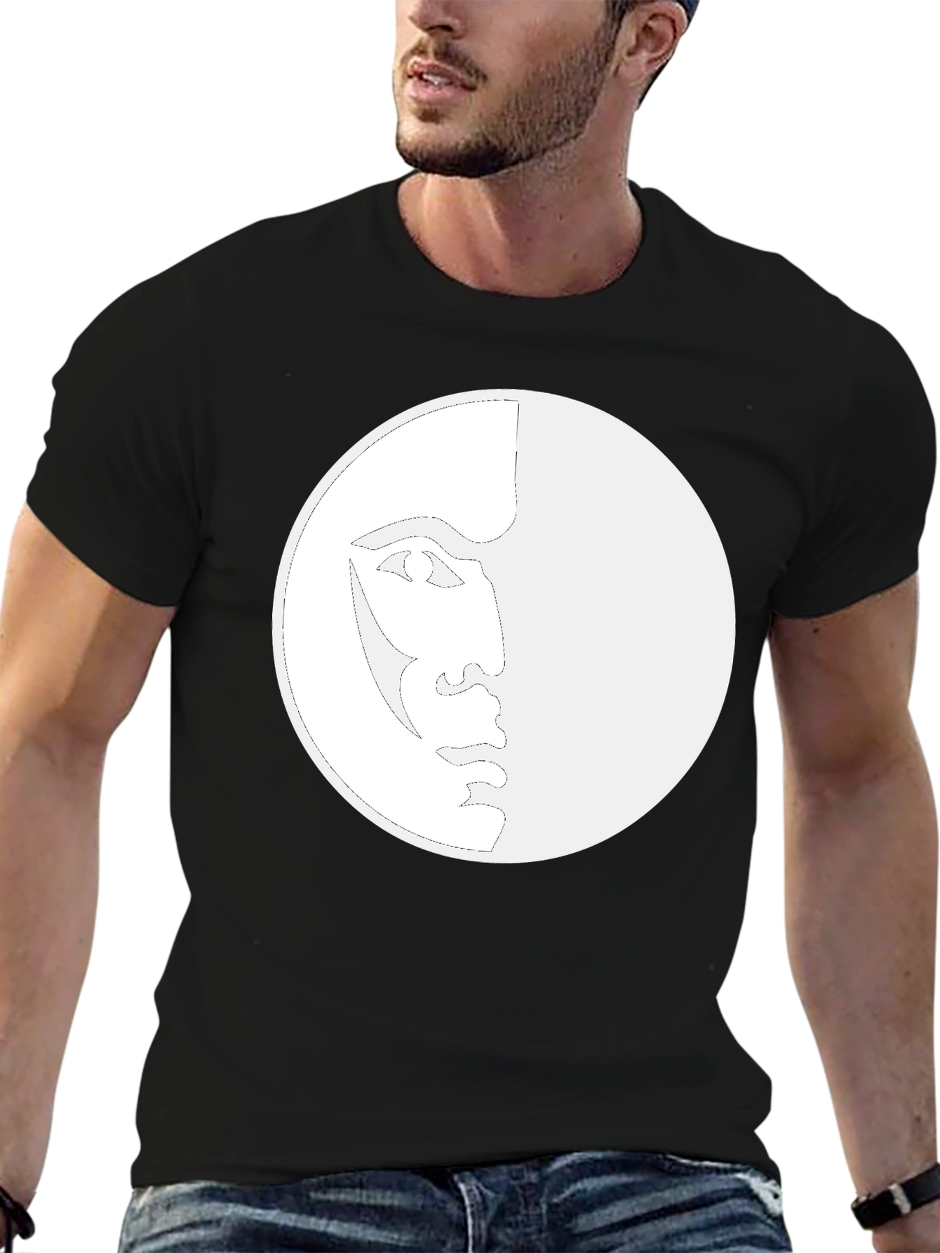 Unique Moon Face Graphic Black T-Shirt
