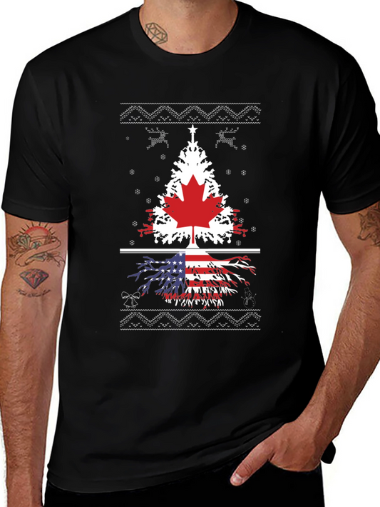 Canada USA Flag Tree Graphic Print Black T-Shirt