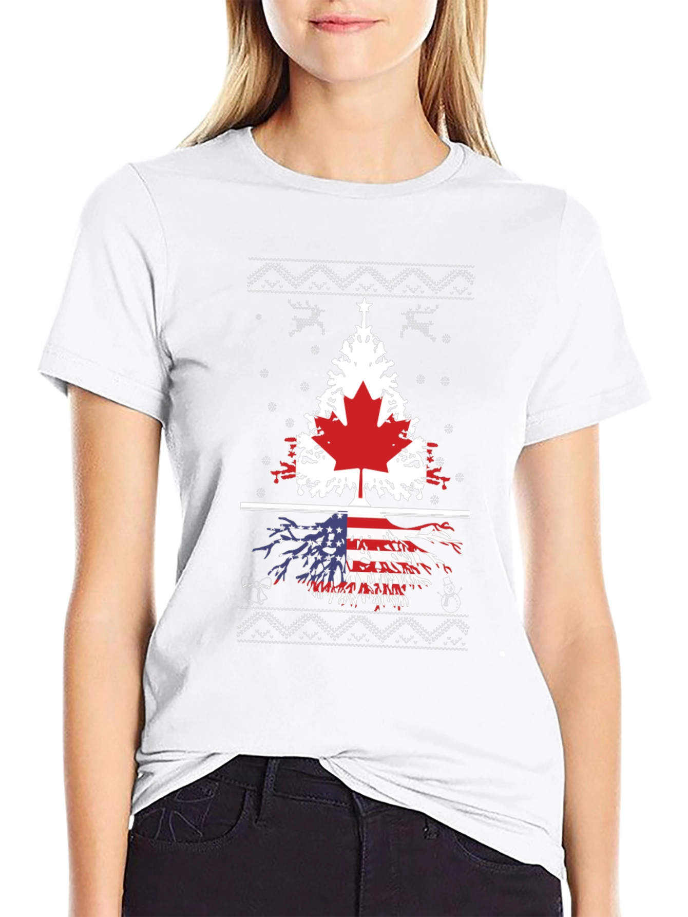 Canada USA Flag Tree Graphic Print Black T-Shirt