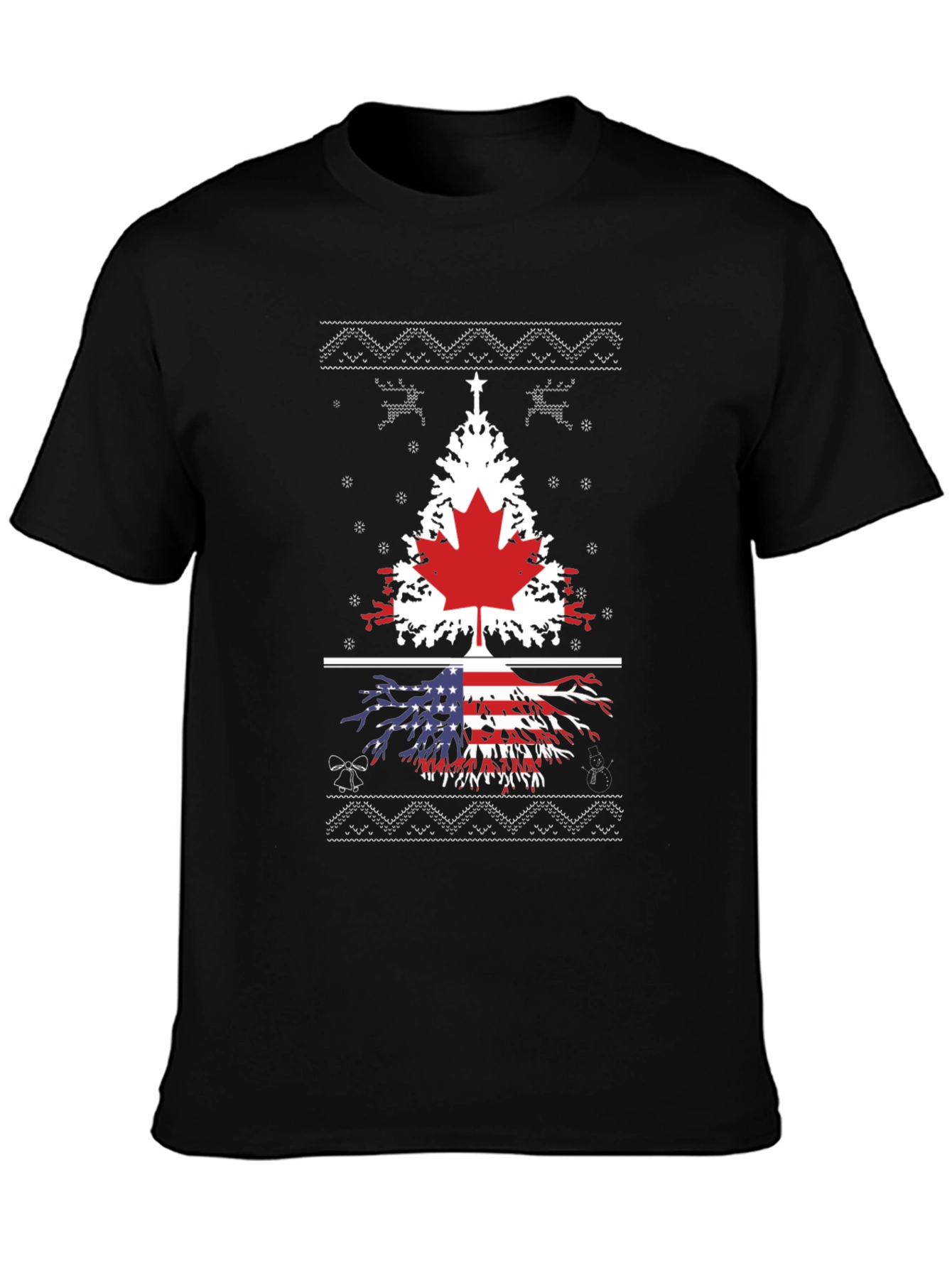 Canada USA Flag Tree Graphic Print Black T-Shirt