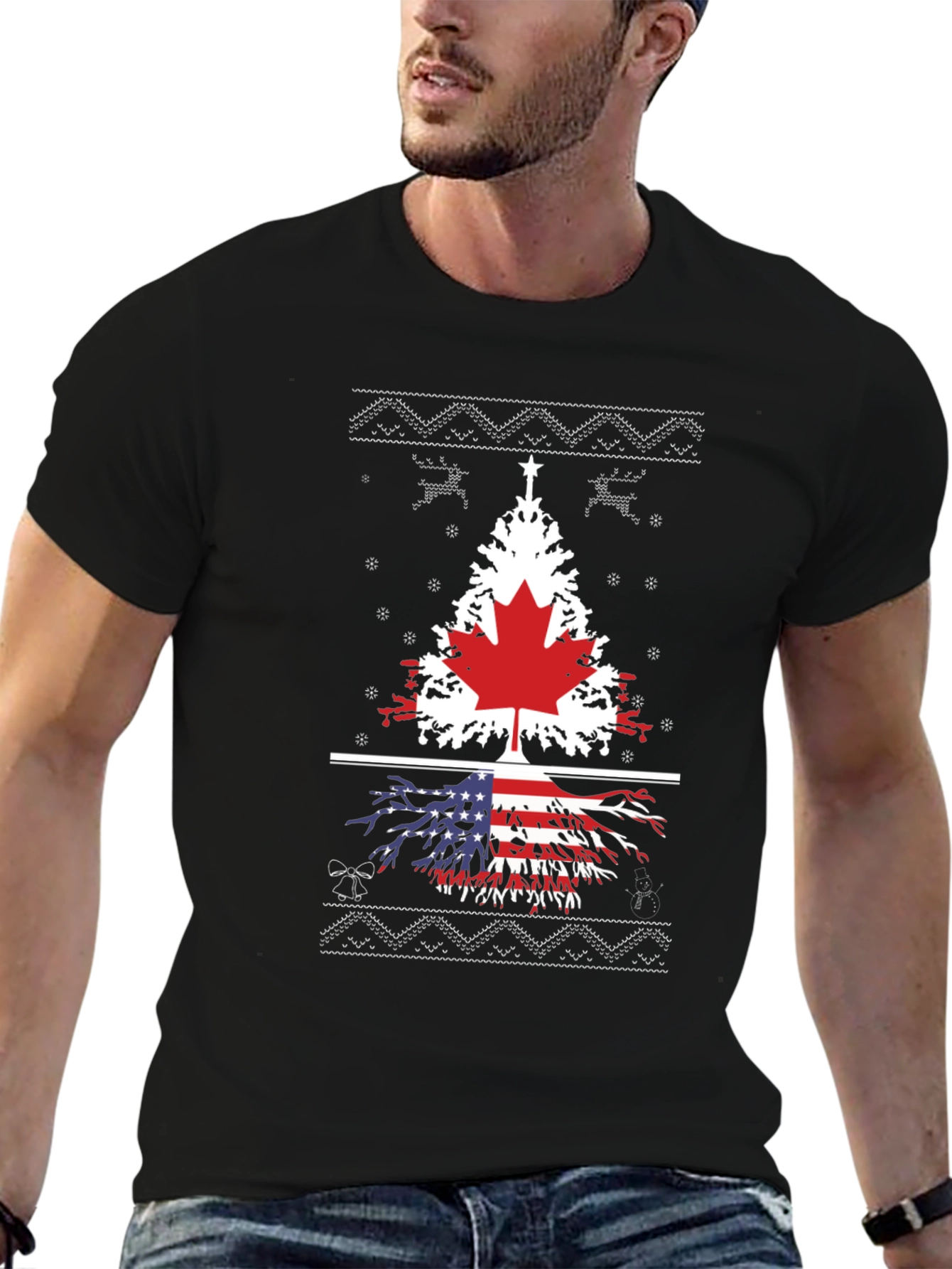 Canada USA Flag Tree Graphic Print Black T-Shirt