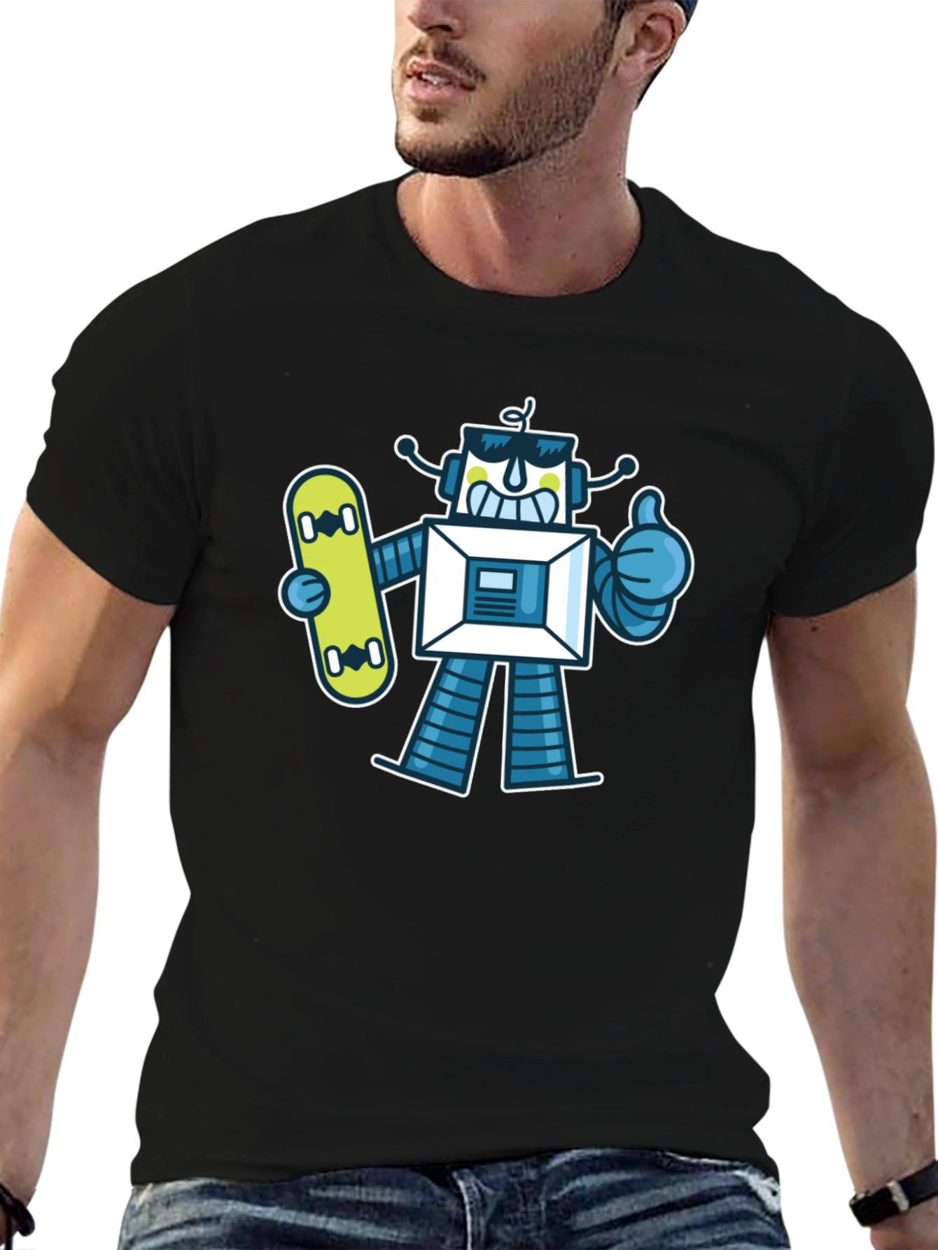 Cool Robot Skateboarder Graphic Tee - Black