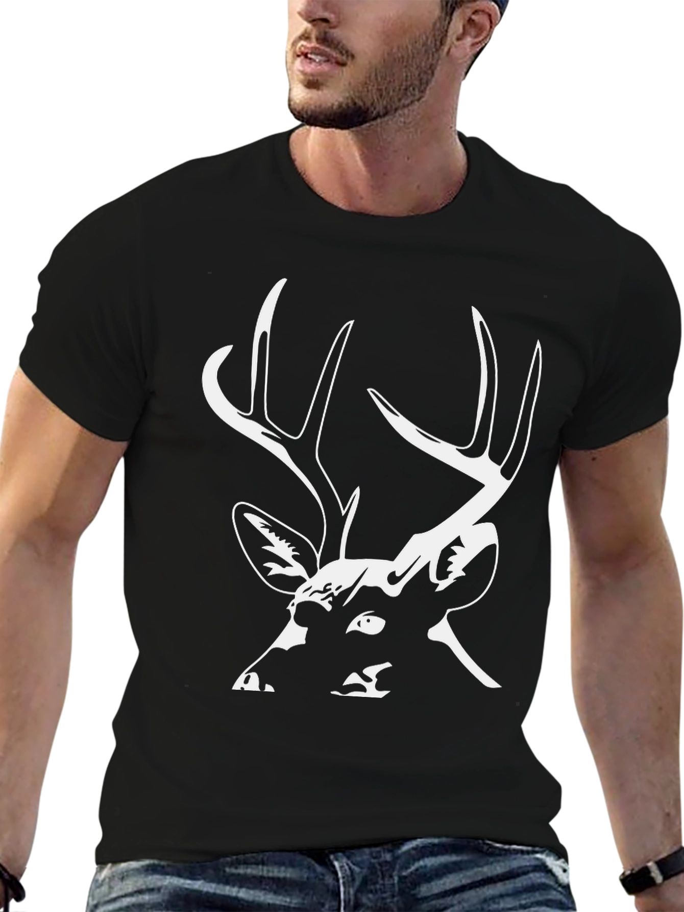 Deer Graphic Tee - Black Cotton Casual T-Shirt
