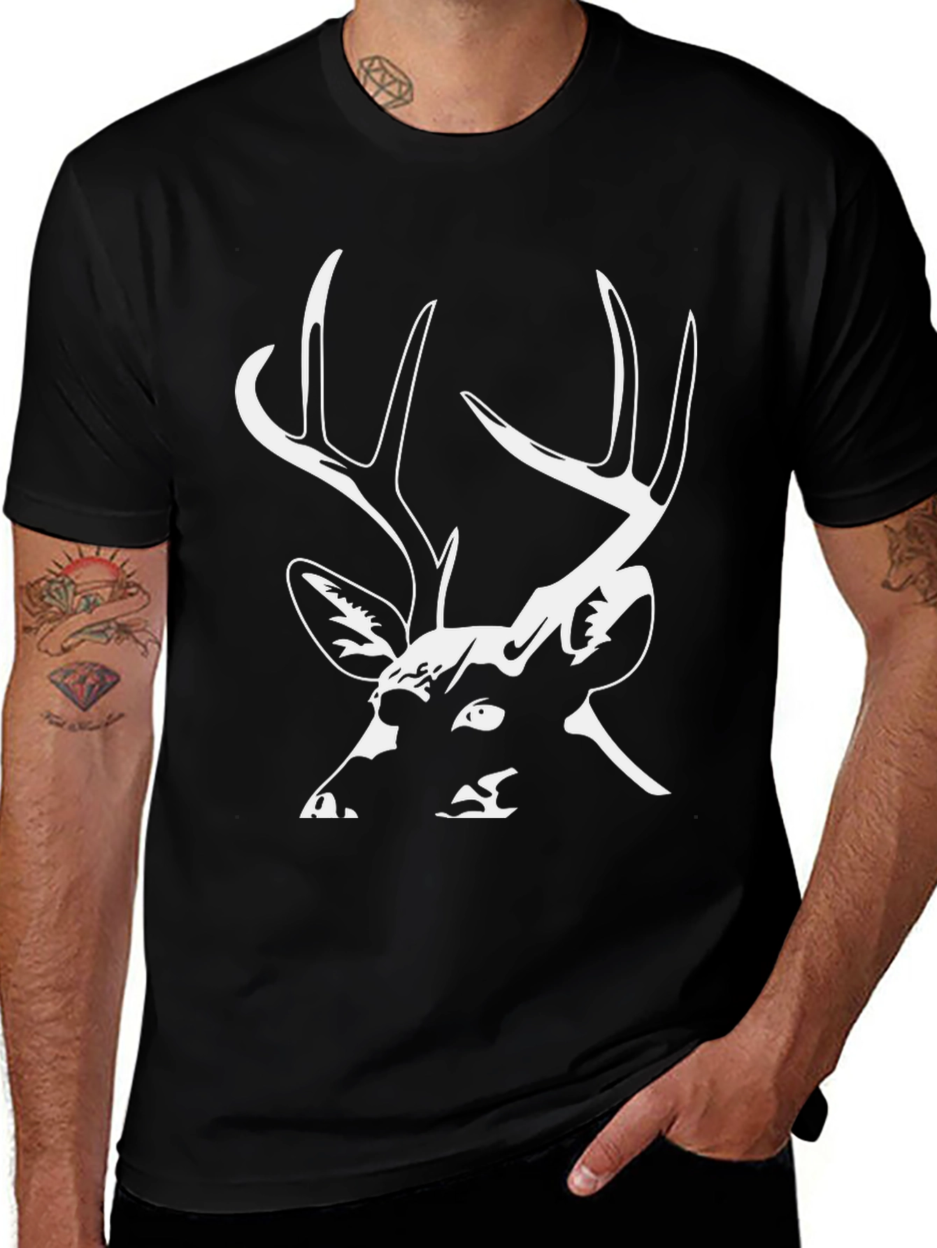 Deer Graphic Tee - Black Cotton Casual T-Shirt