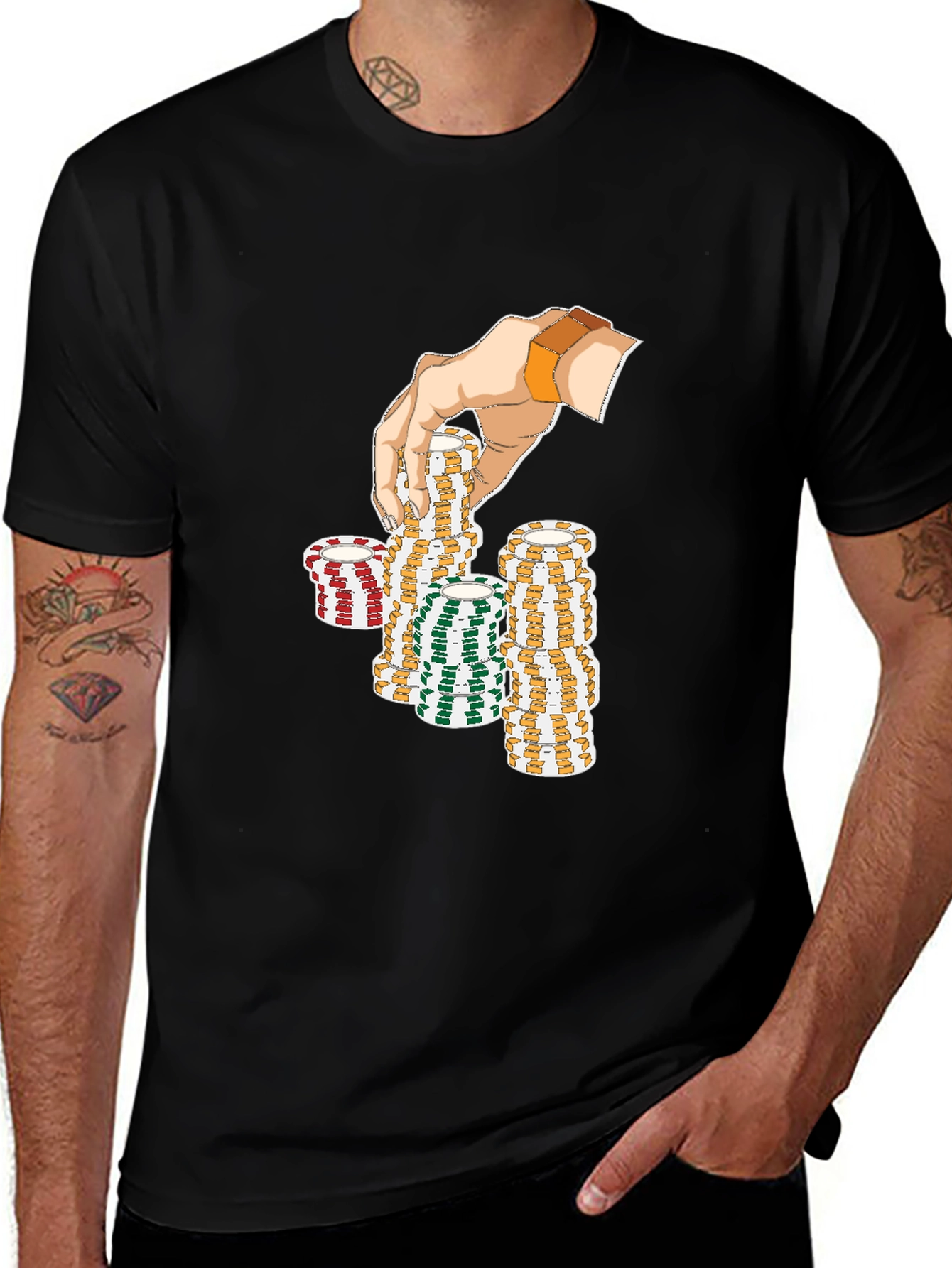 Gamblers Hand Graphic Tee - Lucky Poker Chips Design