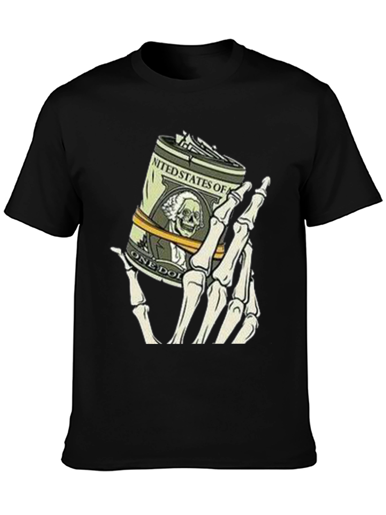 Money Skeleton Hand Graphic Tee - Black Cotton Shirt