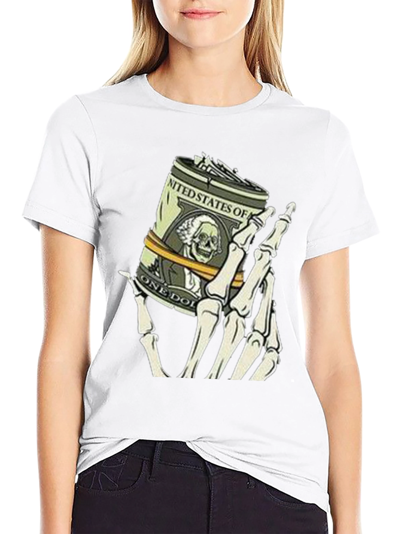 Money Skeleton Hand Graphic Tee - Black Cotton Shirt