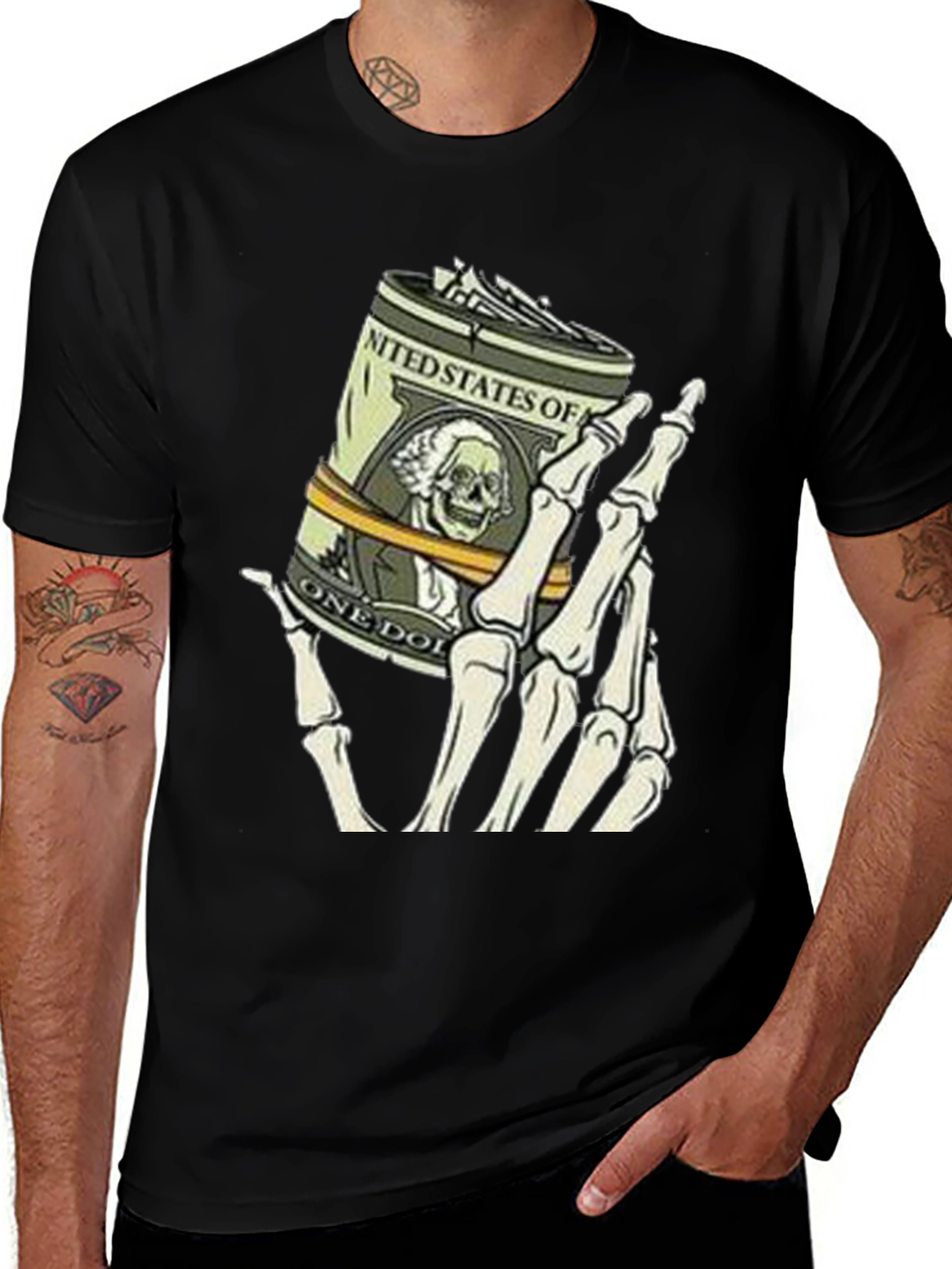 Money Skeleton Hand Graphic Tee - Black Cotton Shirt
