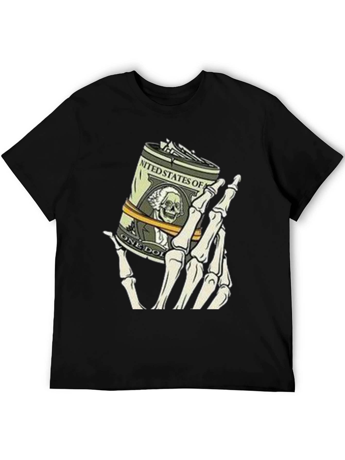 Money Skeleton Hand Graphic Tee - Black Cotton Shirt