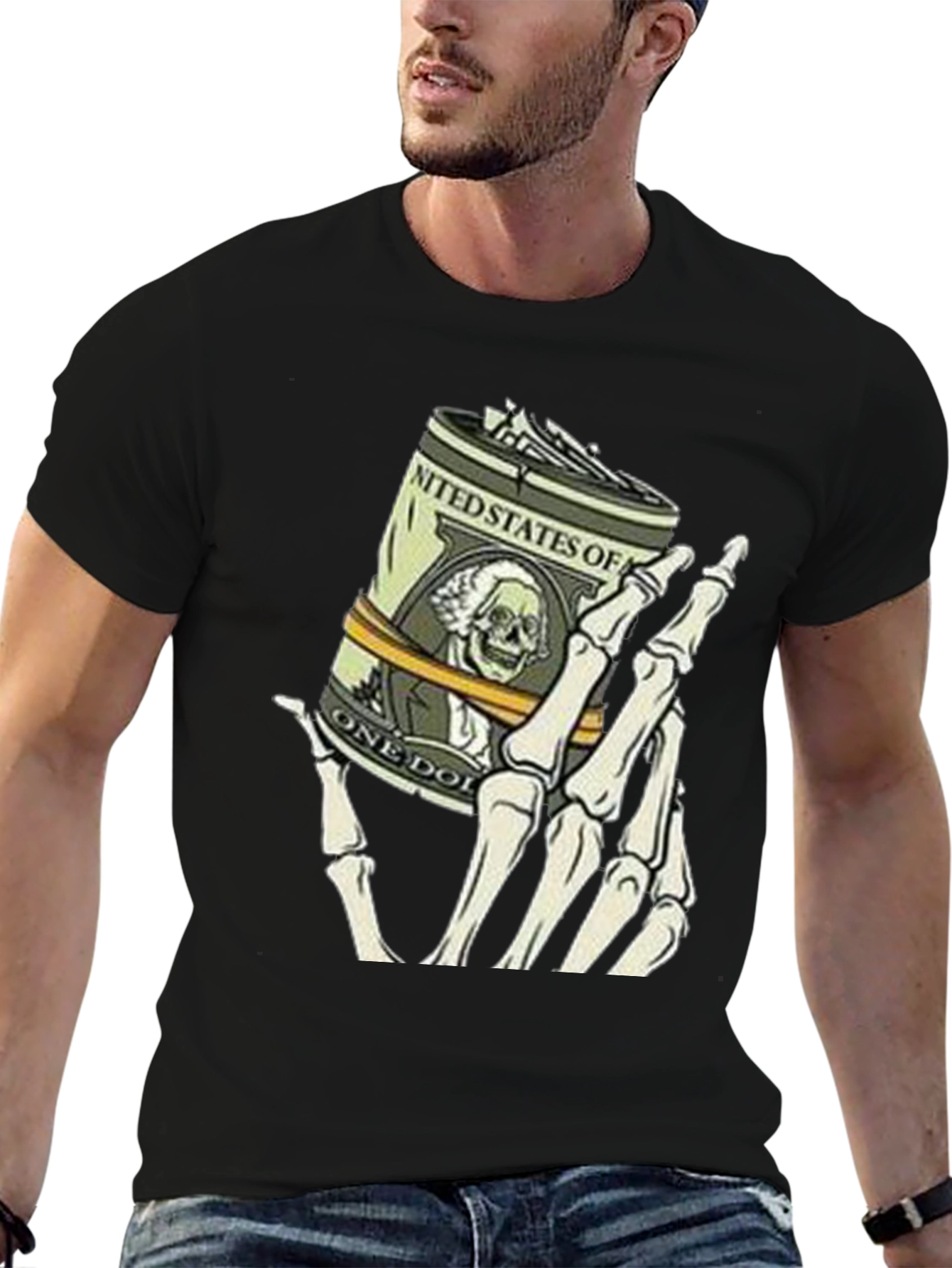 Money Skeleton Hand Graphic Tee - Black Cotton Shirt
