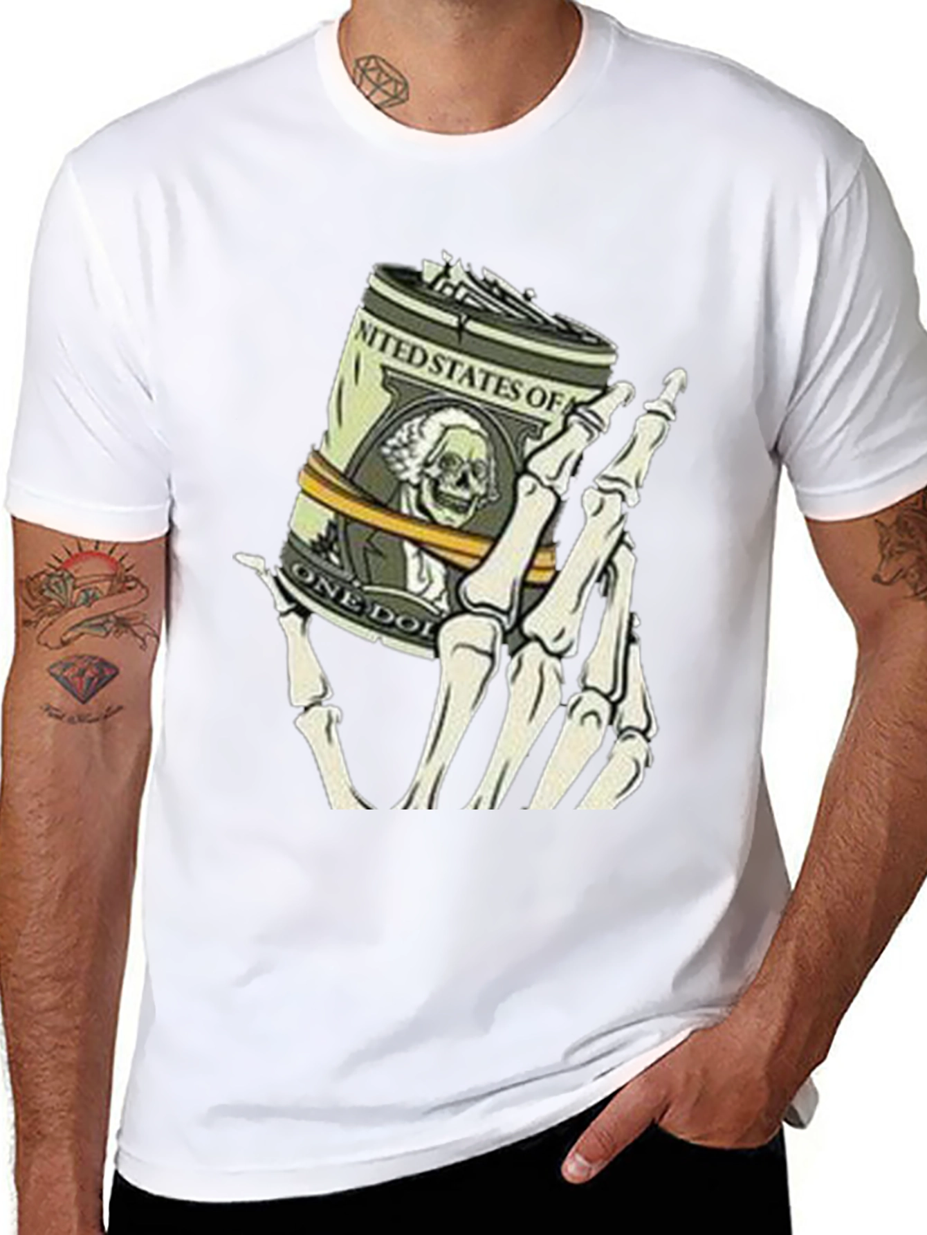 Money Skeleton Hand Graphic Tee - Black Cotton Shirt
