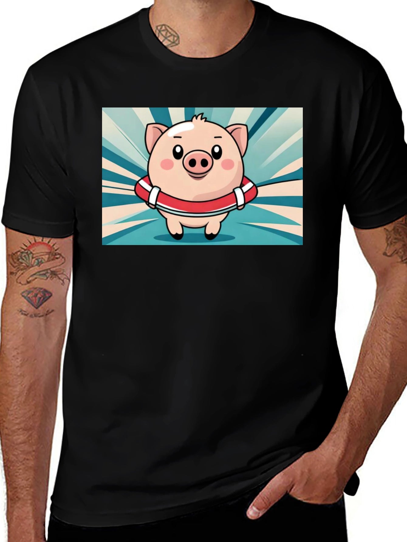 Pig Cartoon Graphic Tee - Black Cotton T-Shirt