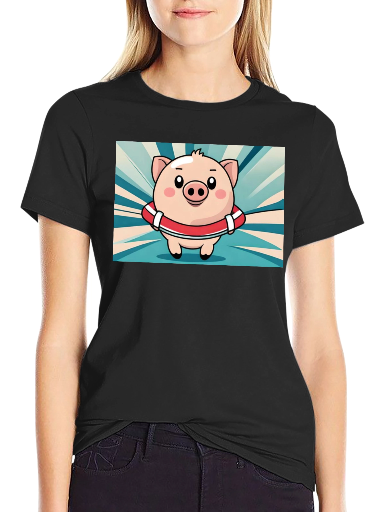 Pig Cartoon Graphic Tee - Black Cotton T-Shirt