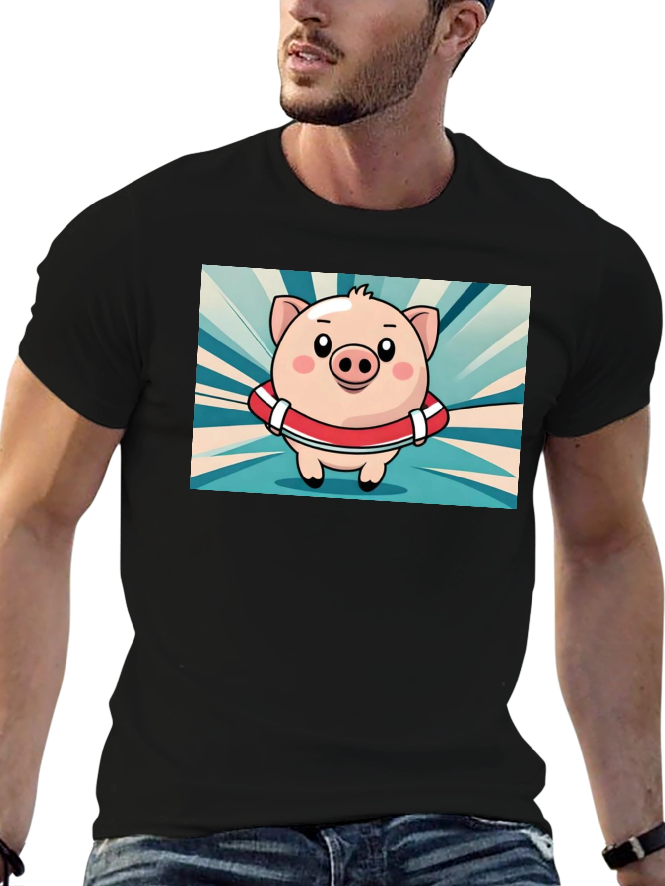 Pig Cartoon Graphic Tee - Black Cotton T-Shirt