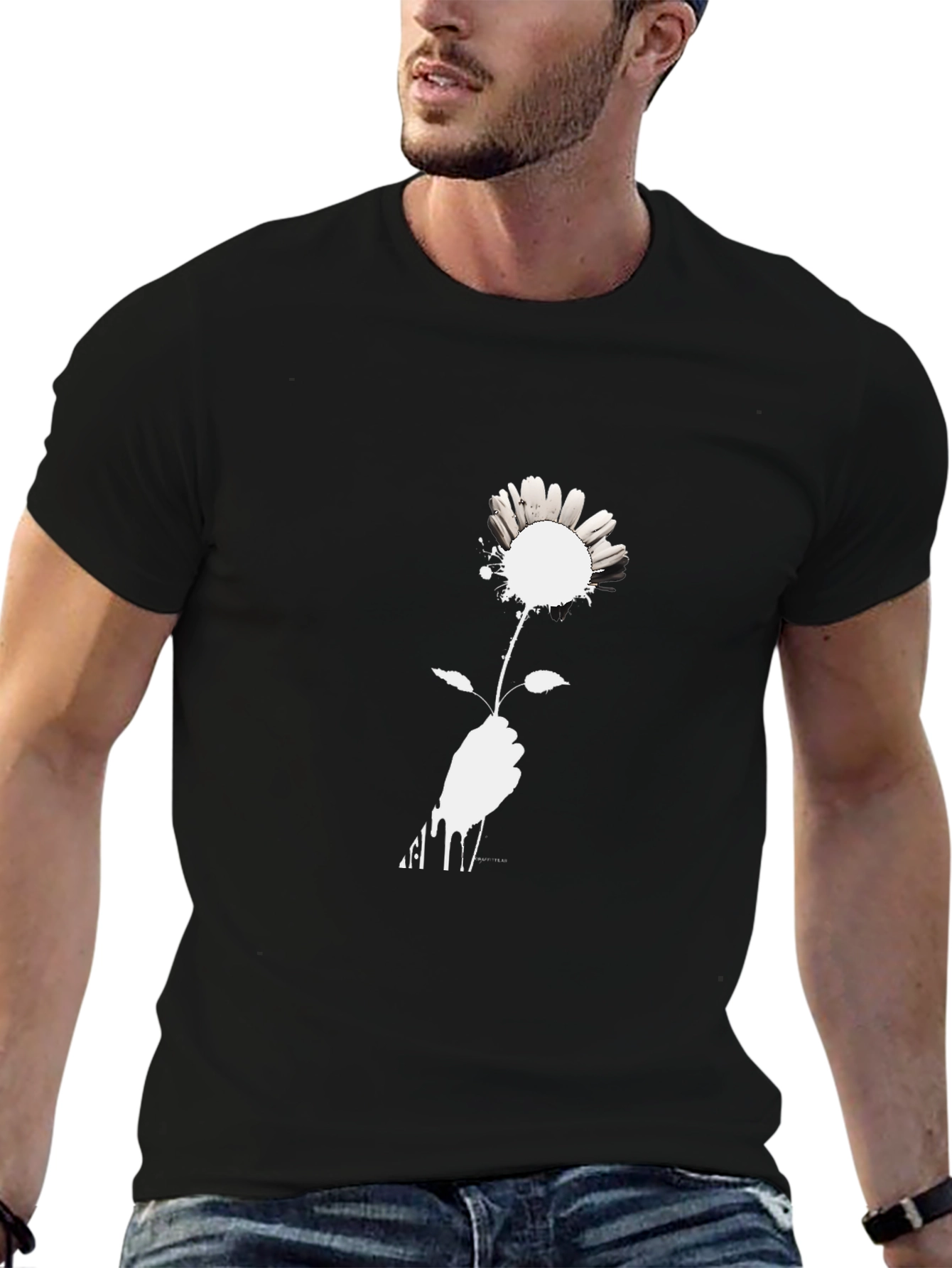 Black T-Shirt with Floral Hand Graphic