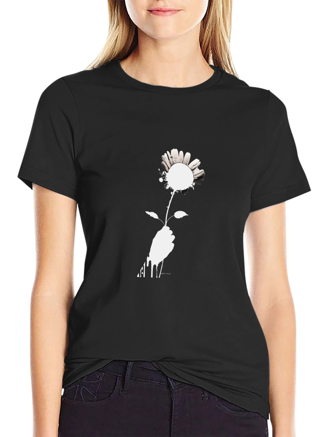Black T-Shirt with Floral Hand Graphic