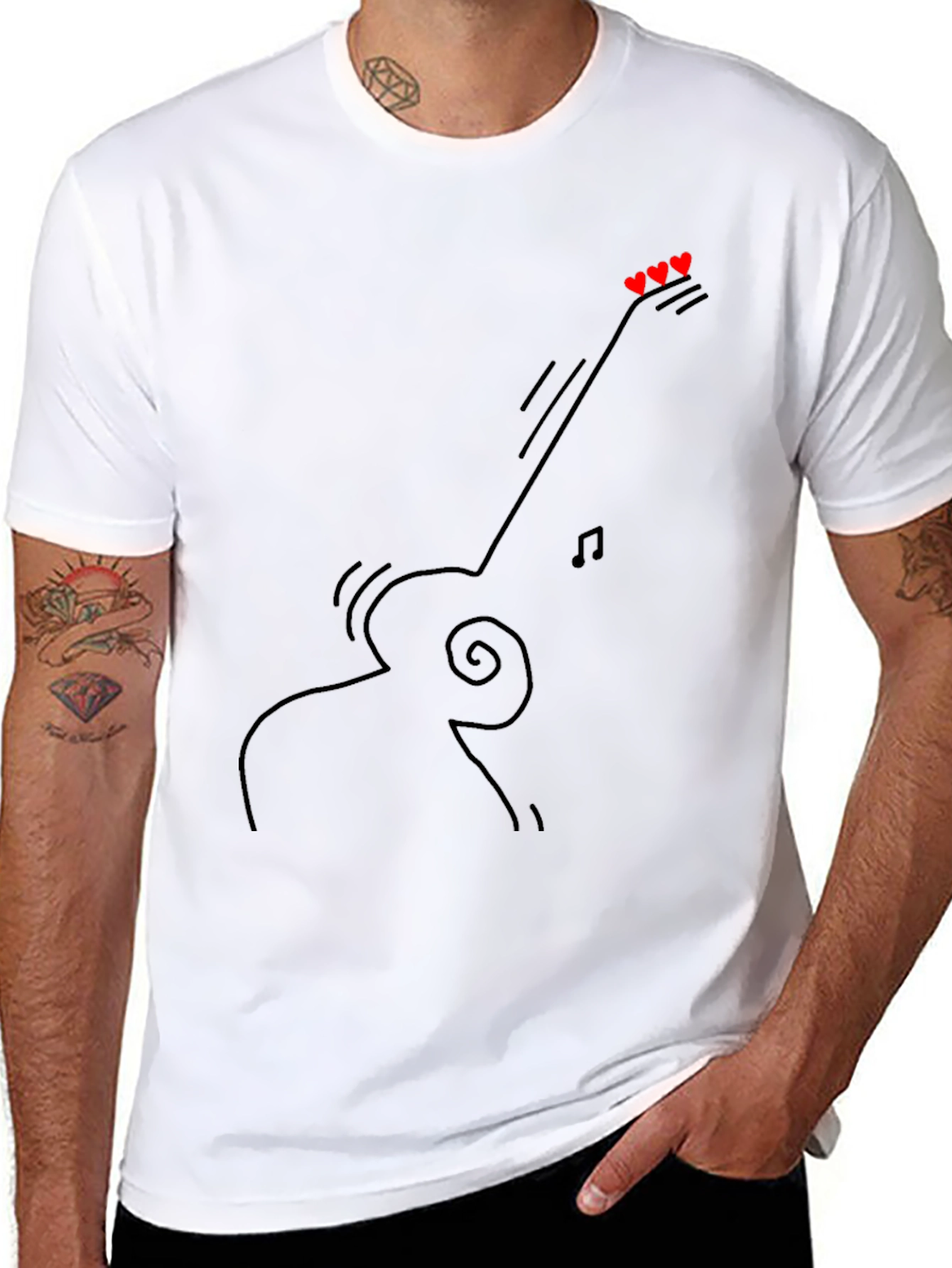 Guitar Line Art Graphic Tee - Black Casual T-Shirt