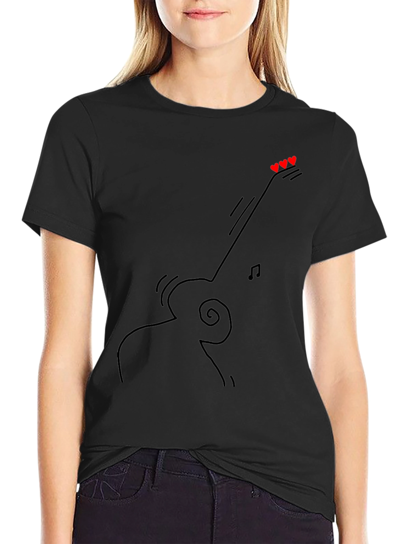Guitar Line Art Graphic Tee - Black Casual T-Shirt