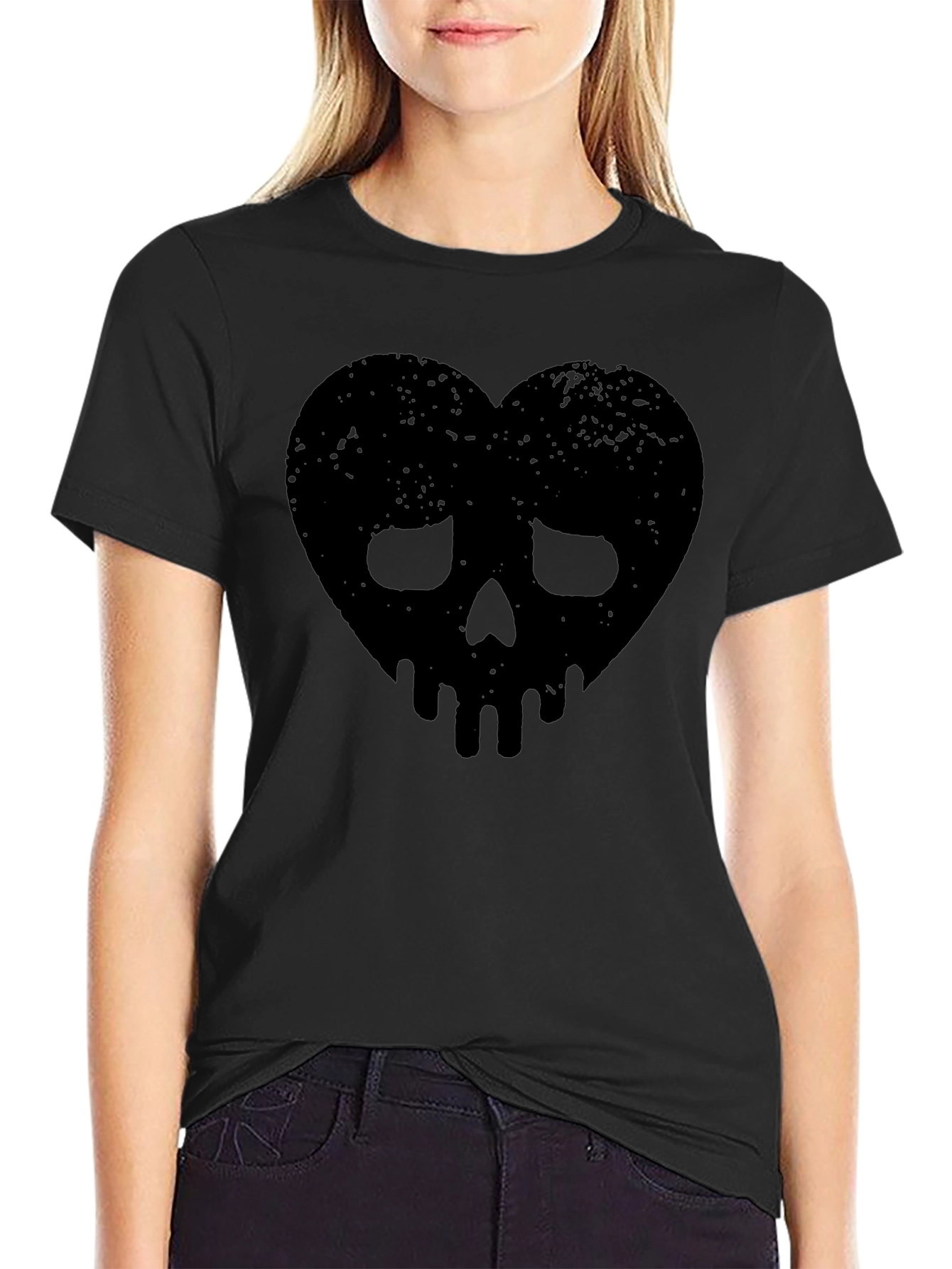 Edgy Heart Skull Graphic Tee - Black Cotton Blend