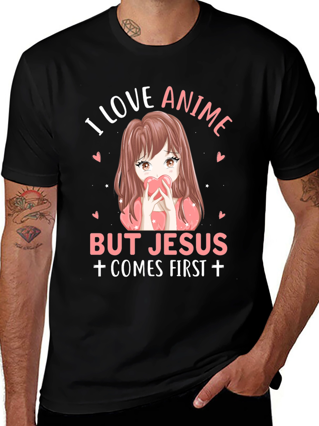 I Love Anime But Jesus Comes First Black T-Shirt