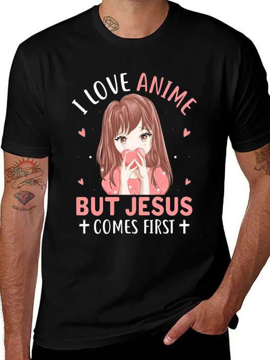 I Love Anime But Jesus Comes First Black T-Shirt