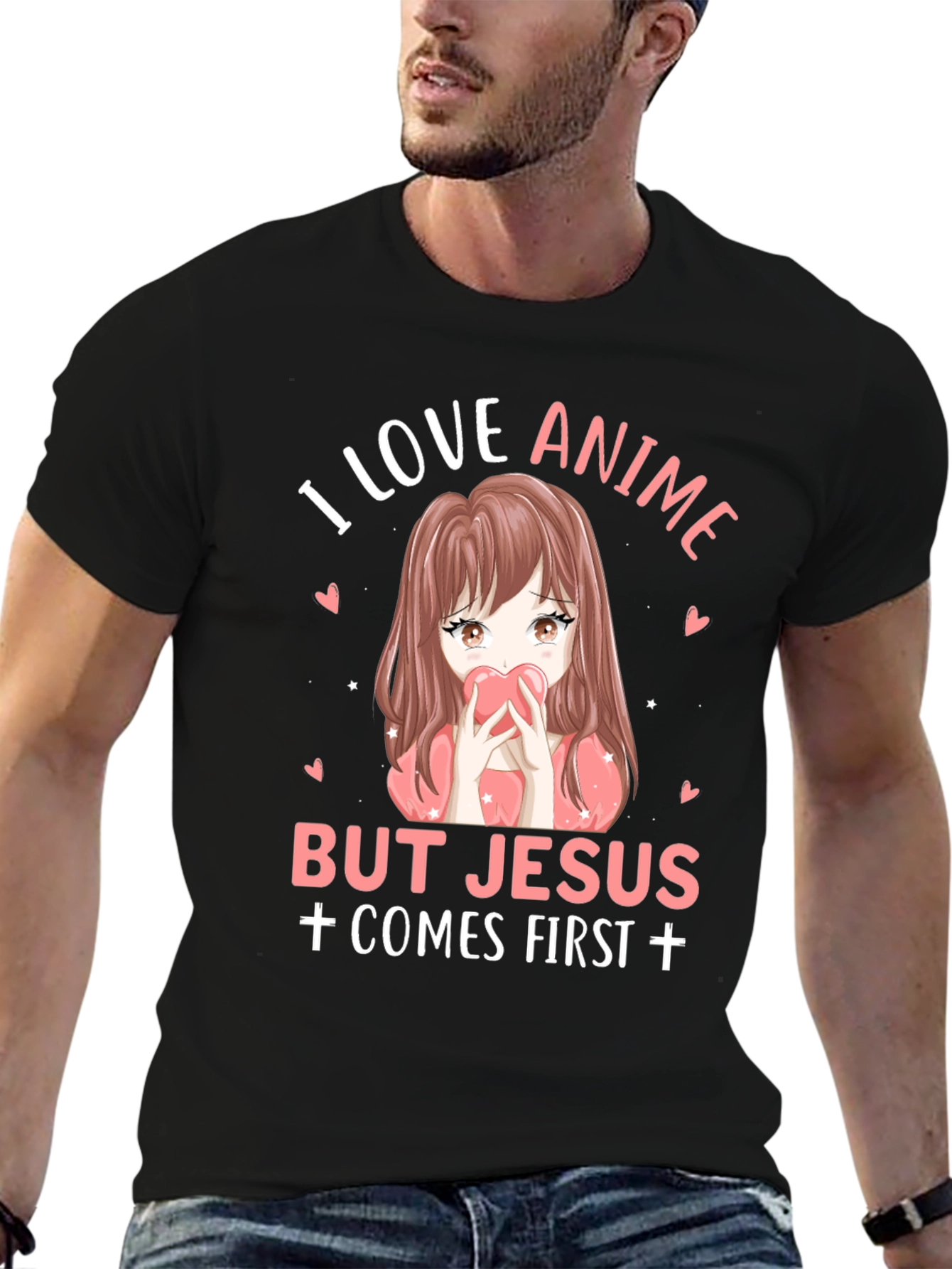 I Love Anime But Jesus Comes First Black T-Shirt