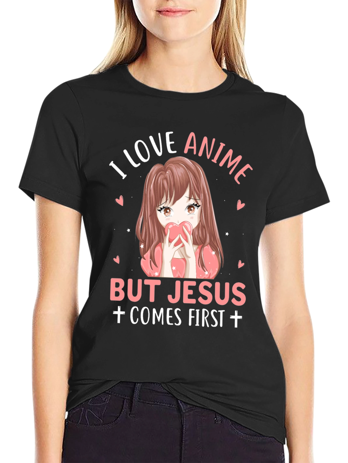 I Love Anime But Jesus Comes First Black T-Shirt