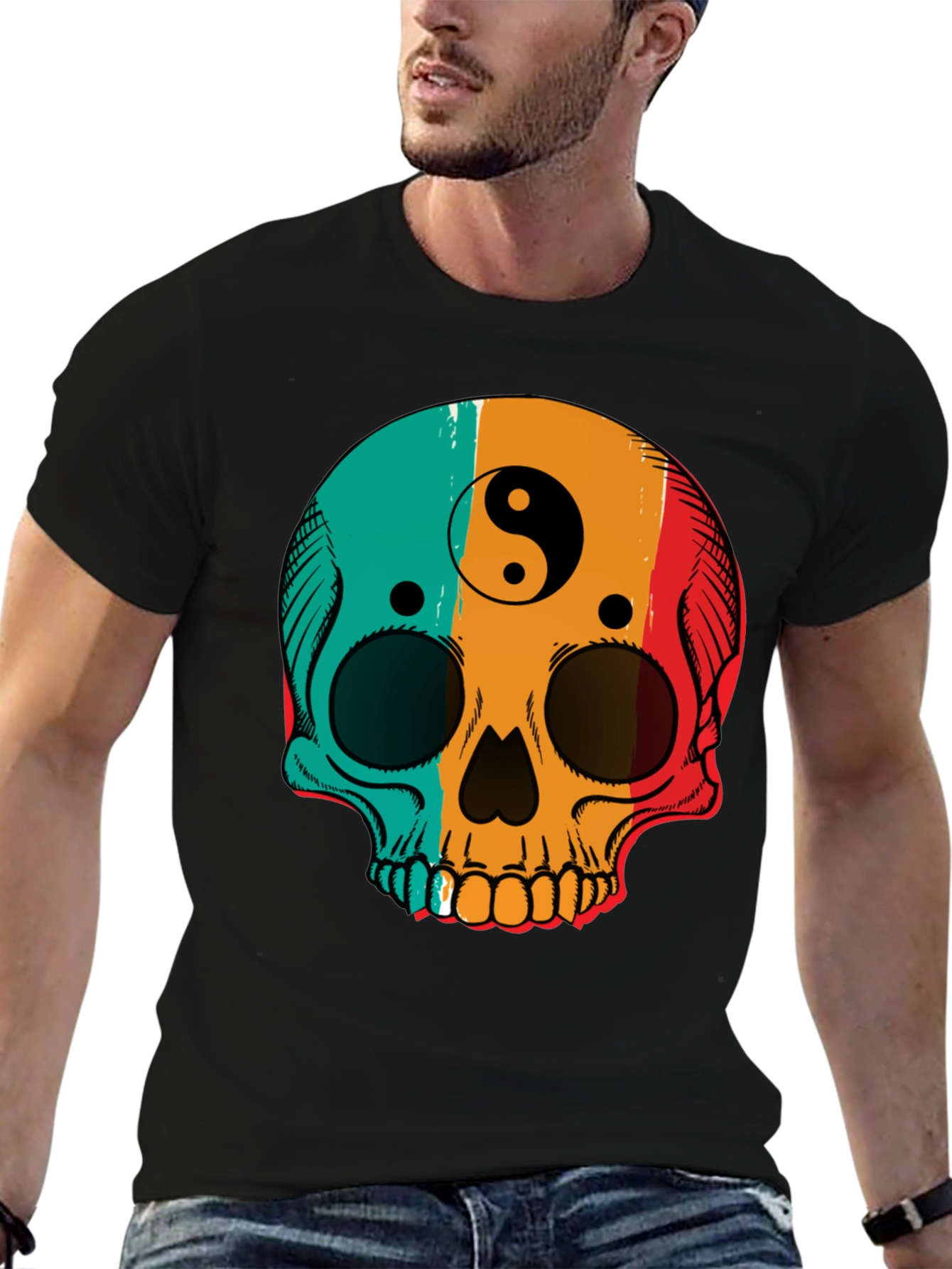 Yin Yang Skull Graphic Tee - Mens Black T-Shirt