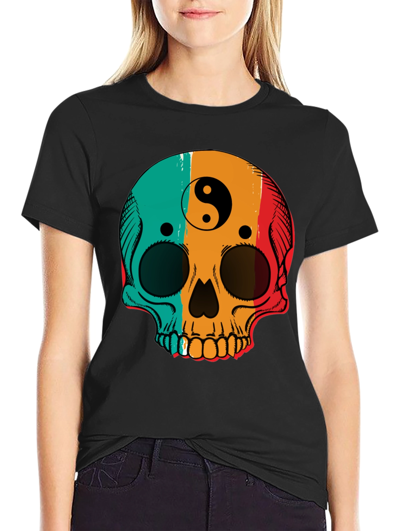 Yin Yang Skull Graphic Tee - Mens Black T-Shirt