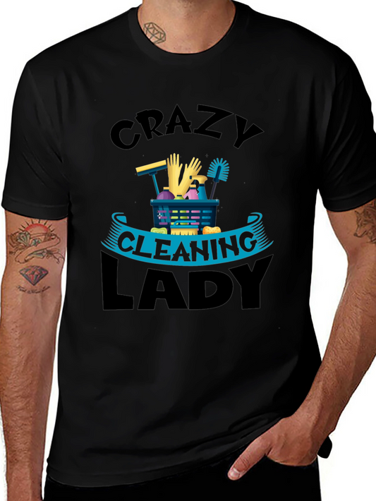 Crazy Cleaning Lady Graphic Tee - Black Crew Neck
