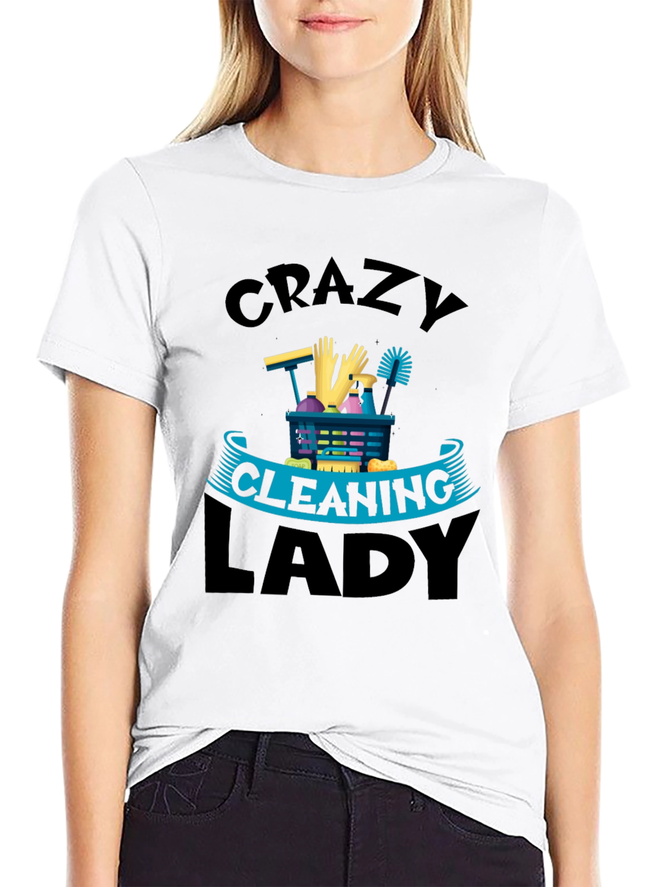 Crazy Cleaning Lady Graphic Tee - Black Crew Neck