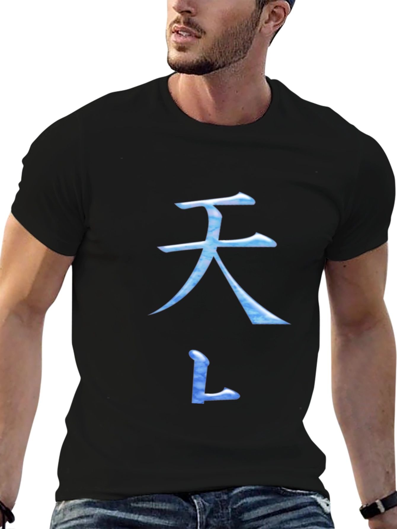 Black T-Shirt with Blue Asian Inspired Symbol Design