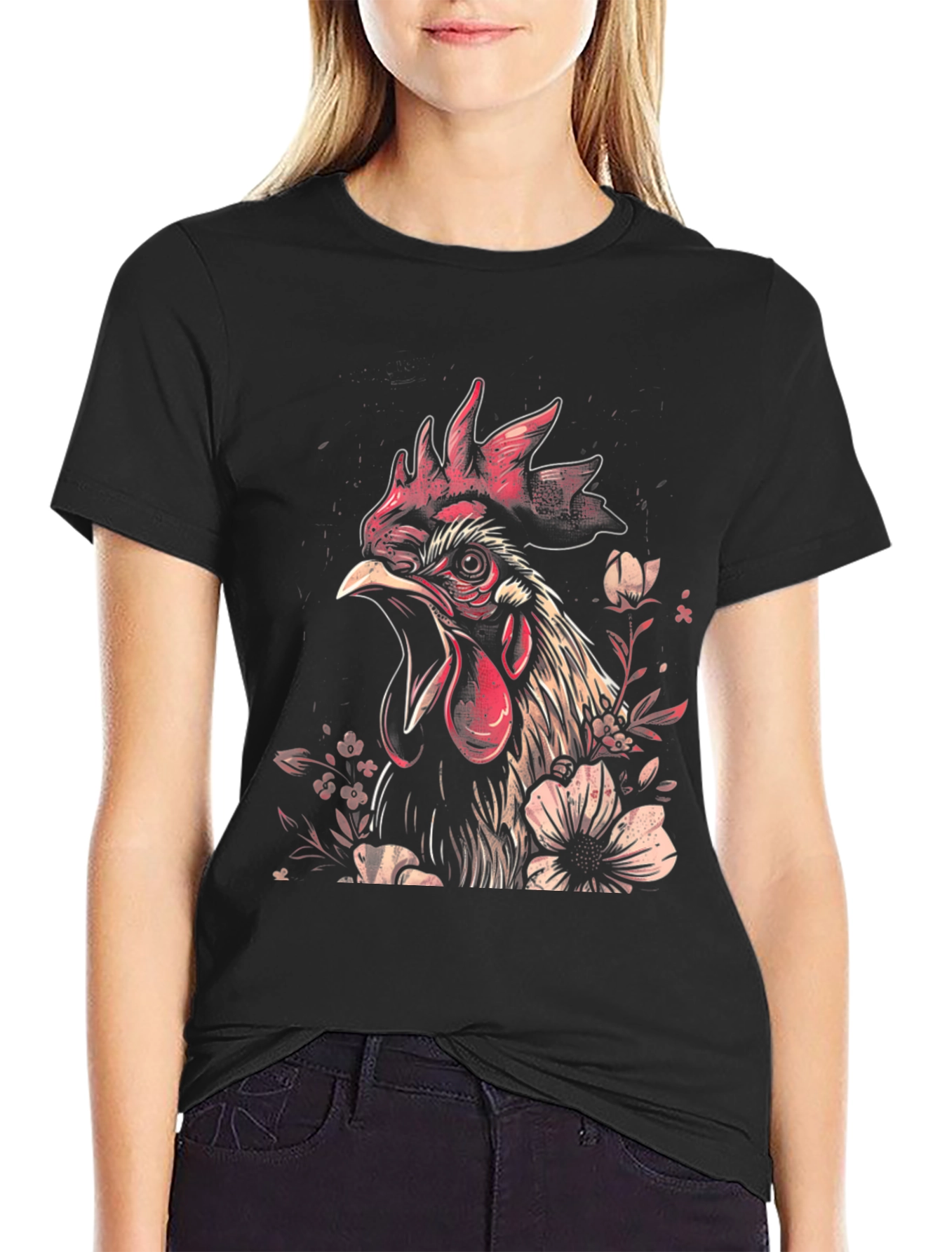 Floral Rooster Graphic Tee - Black