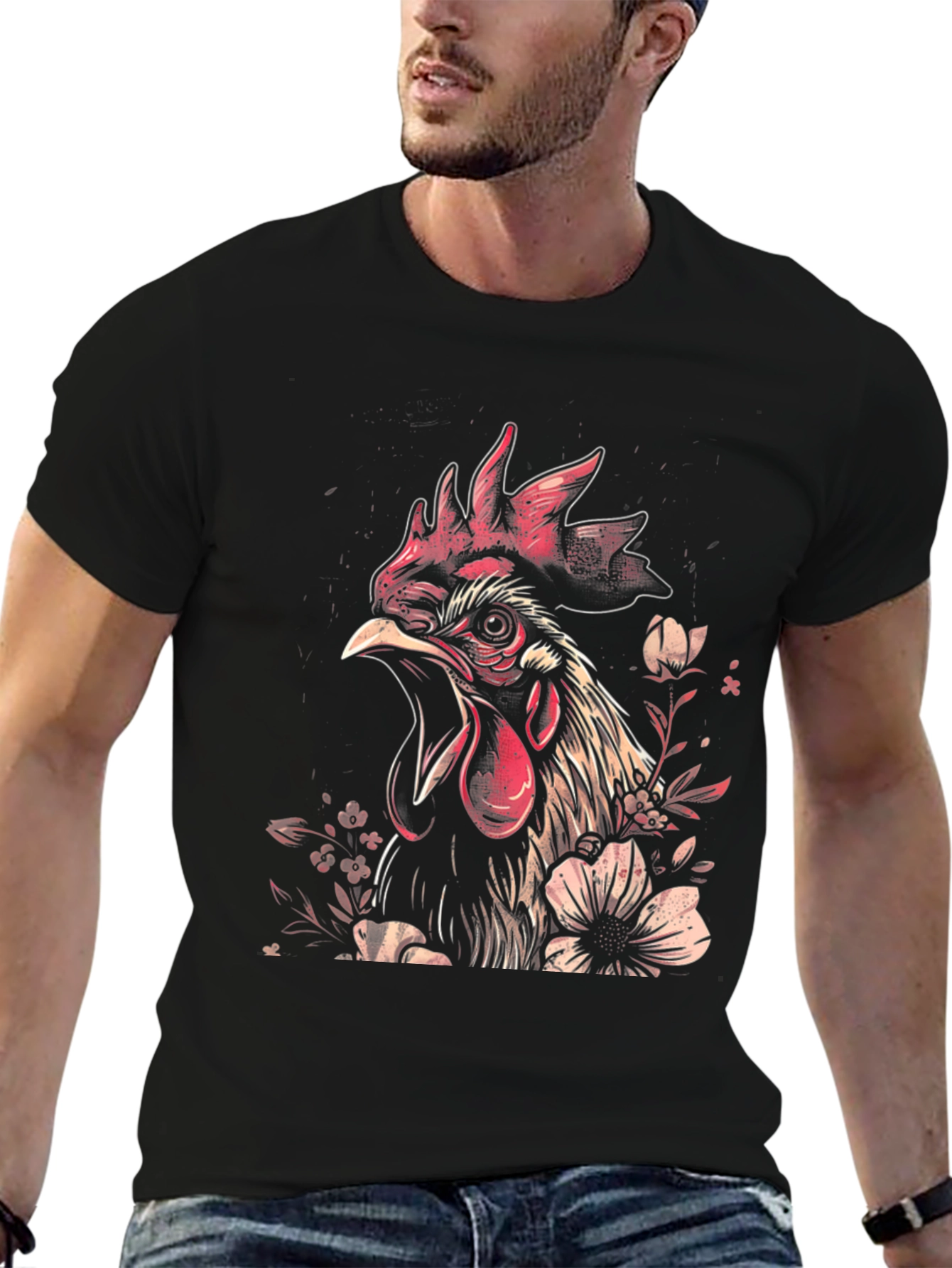 Floral Rooster Graphic Tee - Black