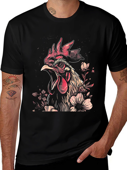 Floral Rooster Graphic Tee - Black