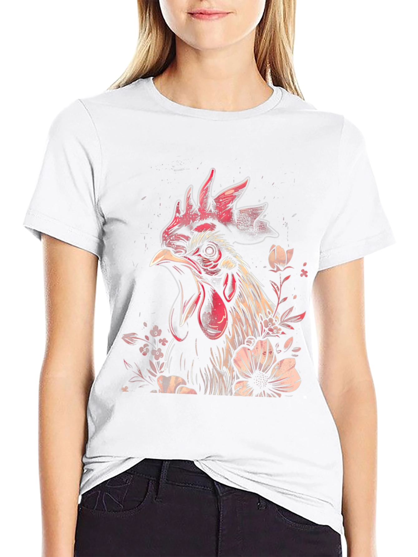 Floral Rooster Graphic Tee - Black