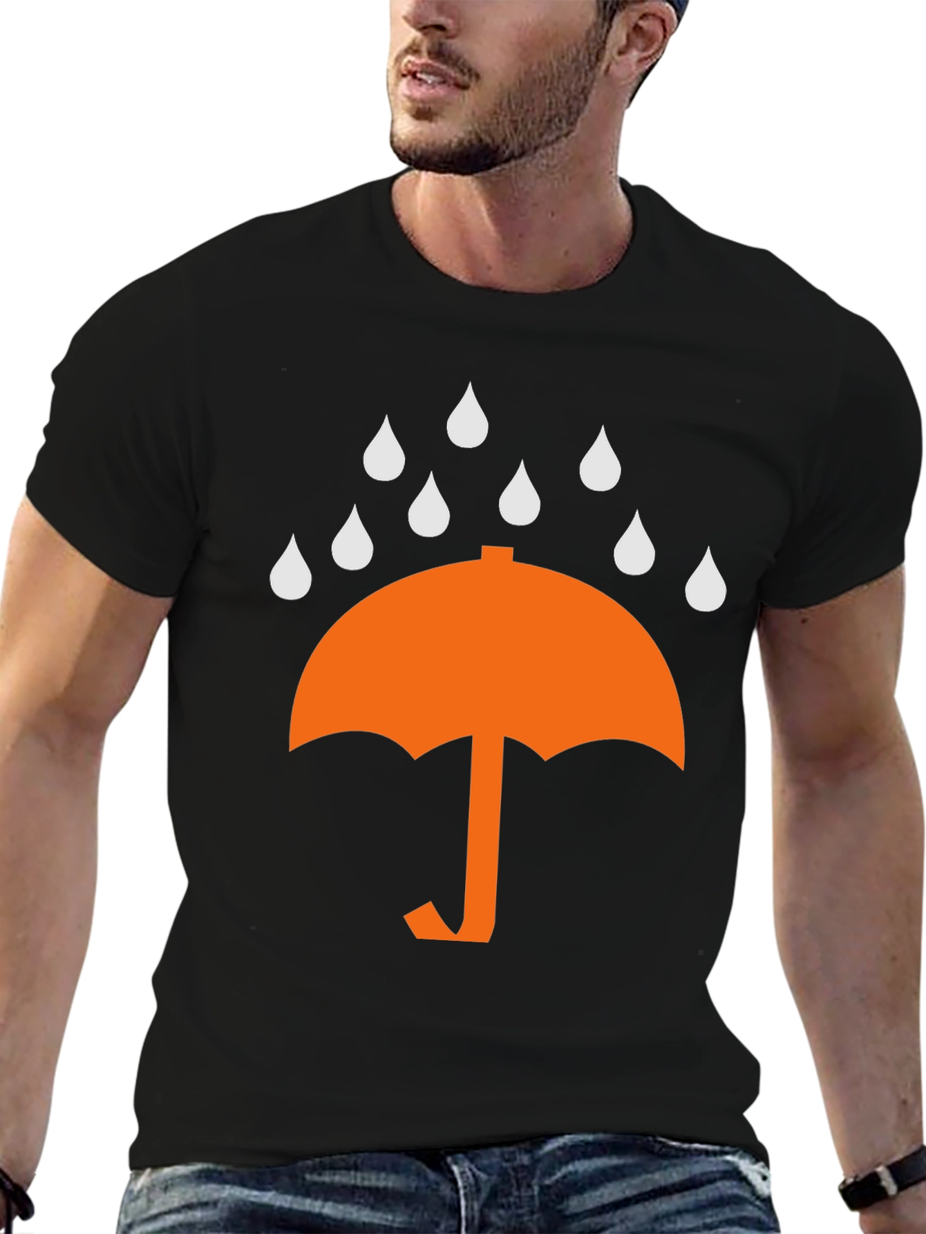 Umbrella Raindrop Graphic Tee - Black Cotton T-Shirt