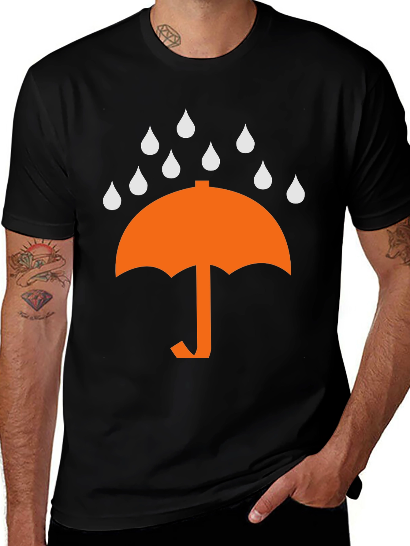 Umbrella Raindrop Graphic Tee - Black Cotton T-Shirt