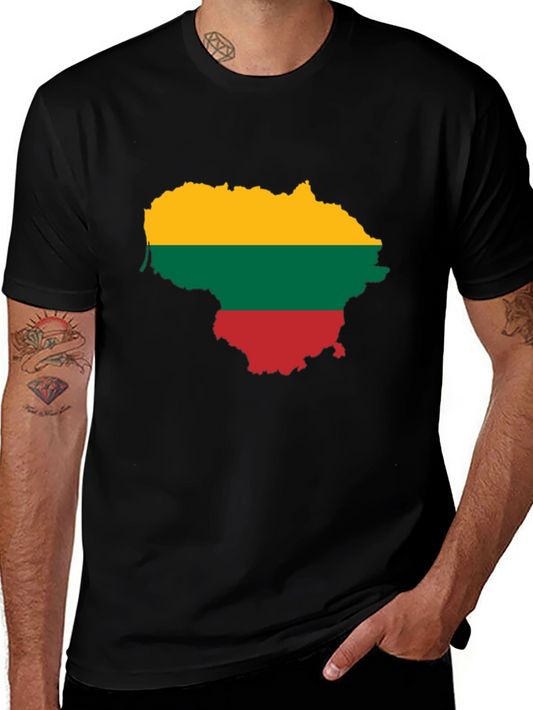 Lithuania Flag Map Graphic Tee - Black Casual Shirt
