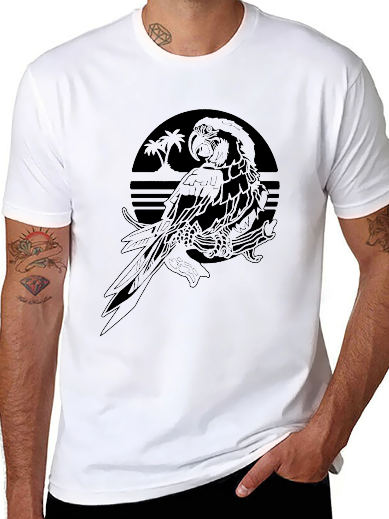Tropical Parrot Graphic Tee - Mens Black T-Shirt