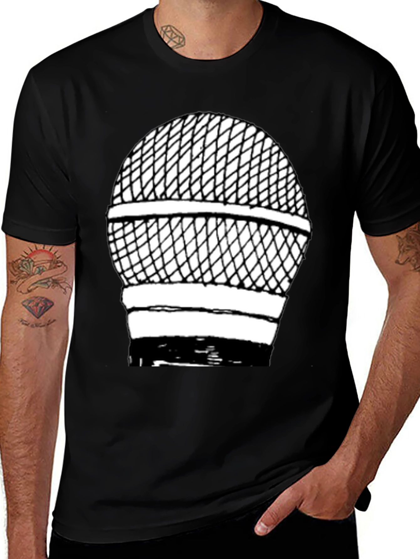 Retro Microphone Graphic Tee - Black Cotton Shirt